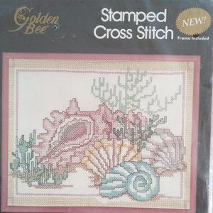 Golden Bee "Shell" Stamped Cross Stitch with Frame 20389 Vintage